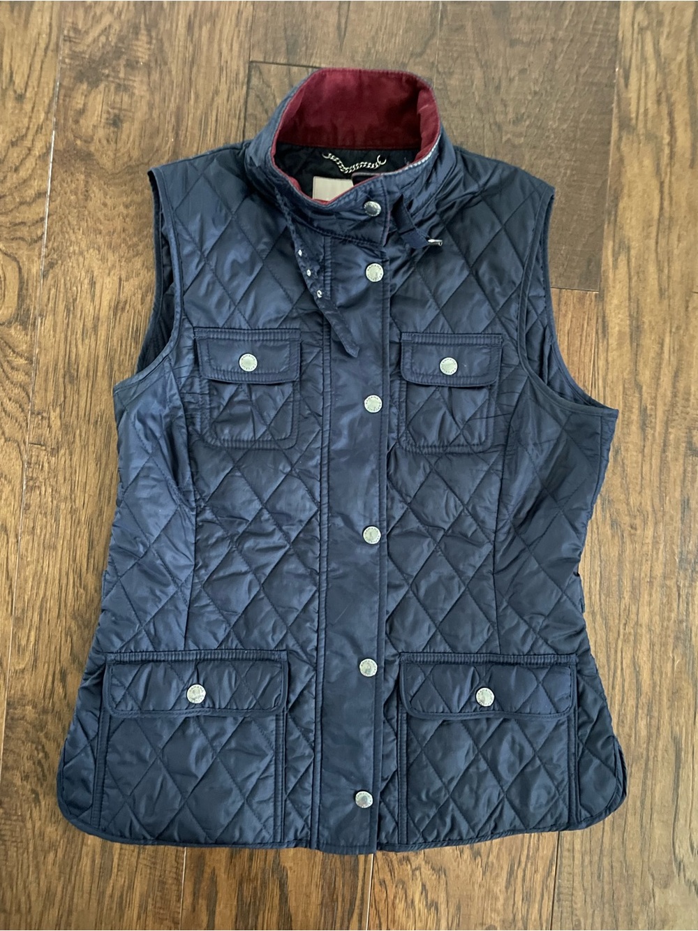 Banana Republic Quilted Navy Sleeveless Vest with Burgundy Trim